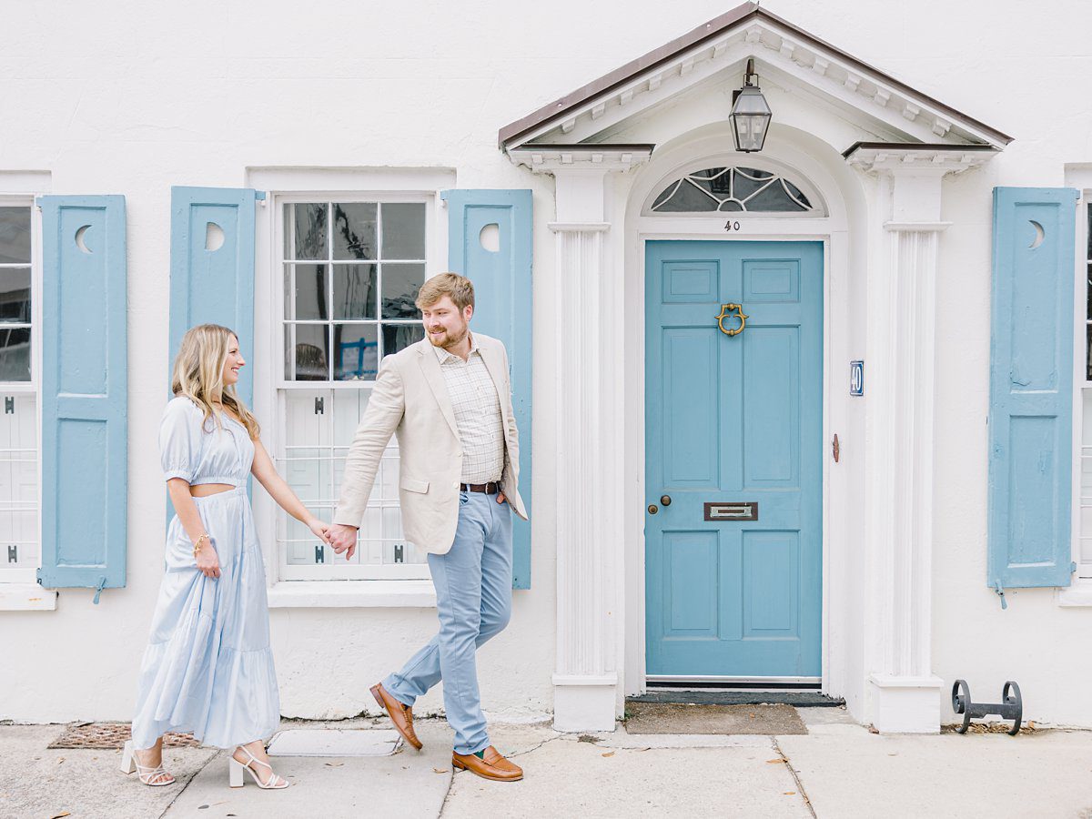 blue and white charleston engagement session