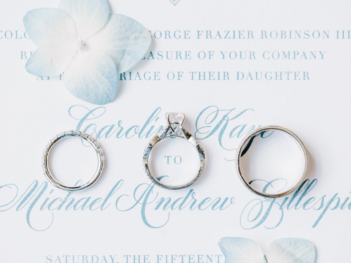wedding rings on a blue and white invitation