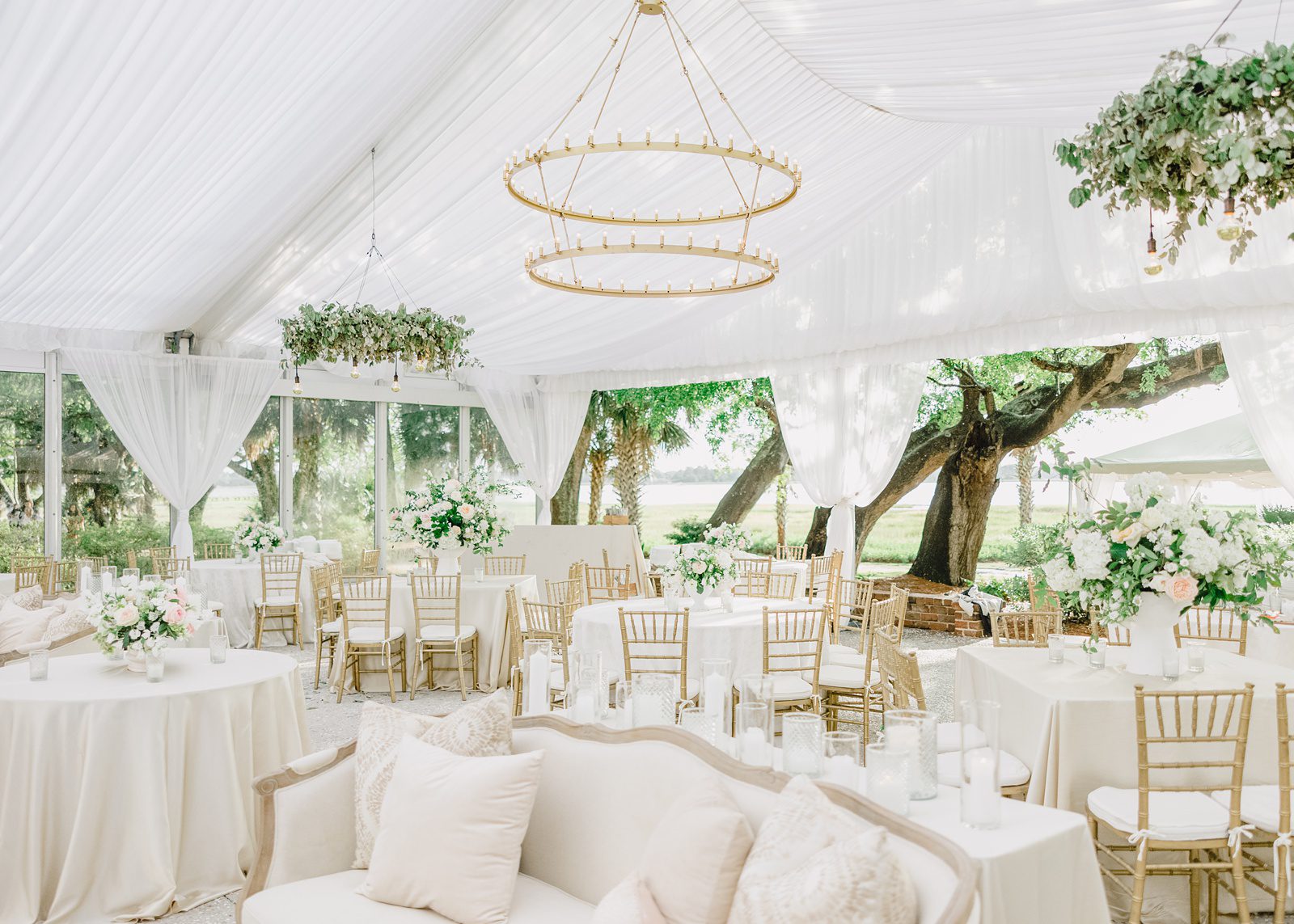 white tented reception at Lowndes Grove wedding