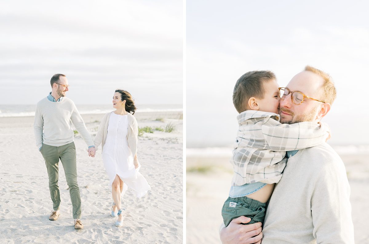 mom and dad walk holding hands and son kissing dad on the cheek