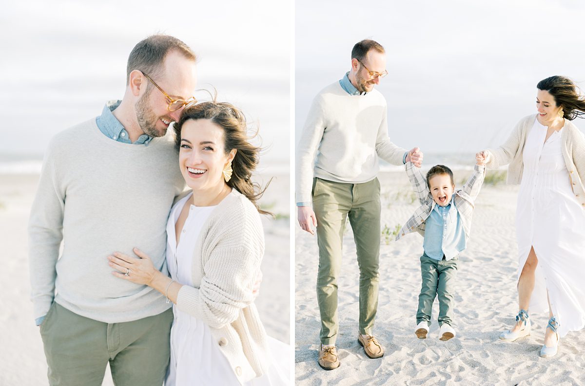 mom and dad play with son walking