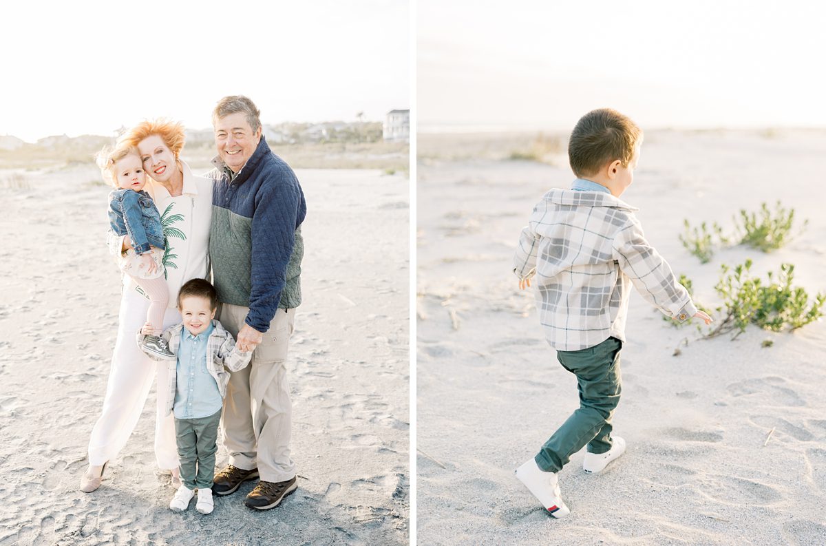 grandparents smiling with their grandkids at the beach