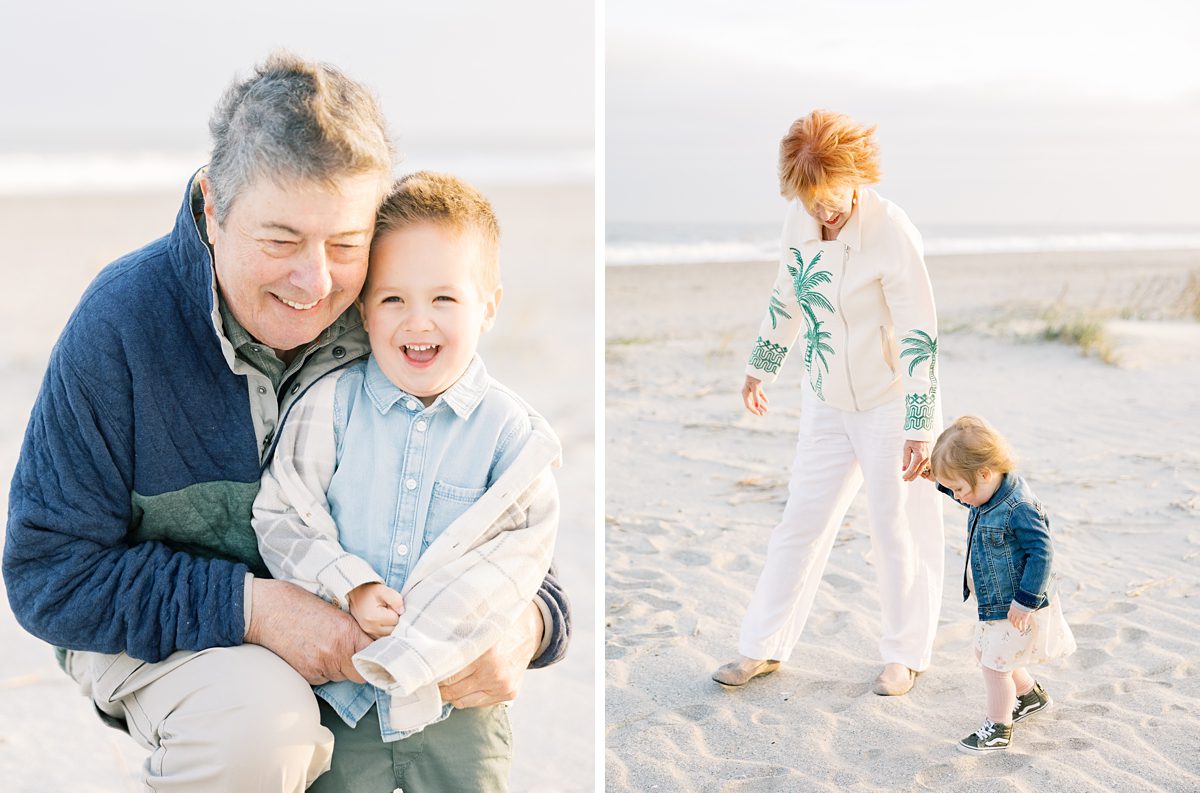 grandparents play with their grandchildren on the beach