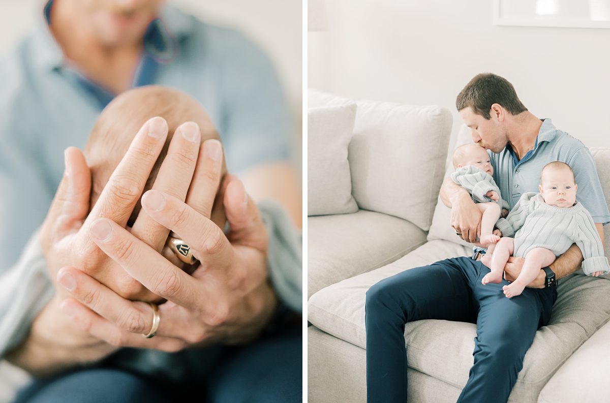 dad kisses newborn baby girl on the forehead at their in-home newborn session