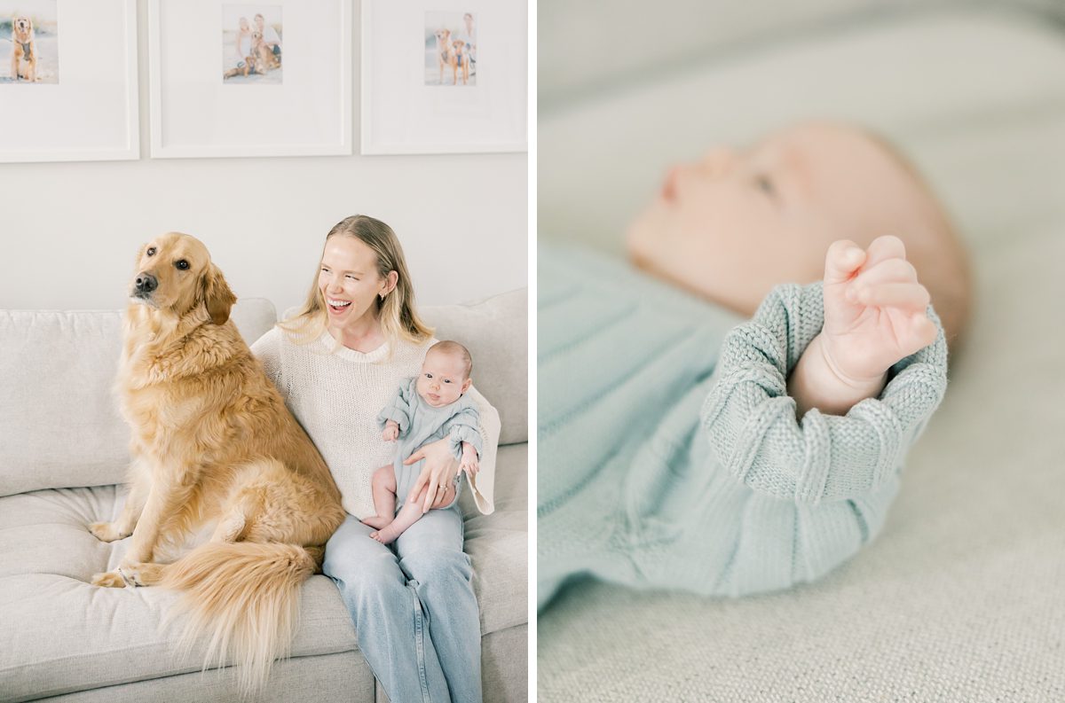 golden retriever sits on the sofa with mom and newborn baby at their in-home newborn session