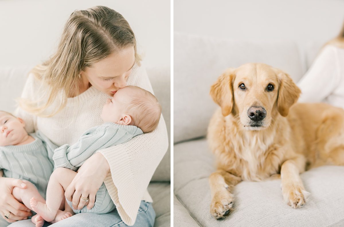 mom kisses newborn baby on the forehead