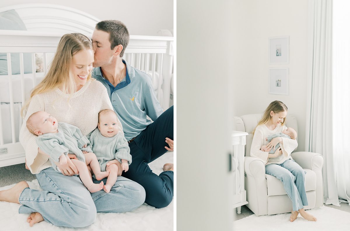 mom and dad with twin baby girls in their nursery